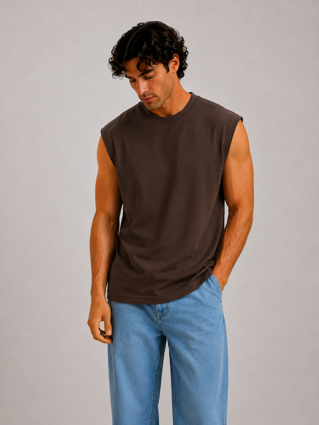 Sleeveless Cotton T-shirt - Brown