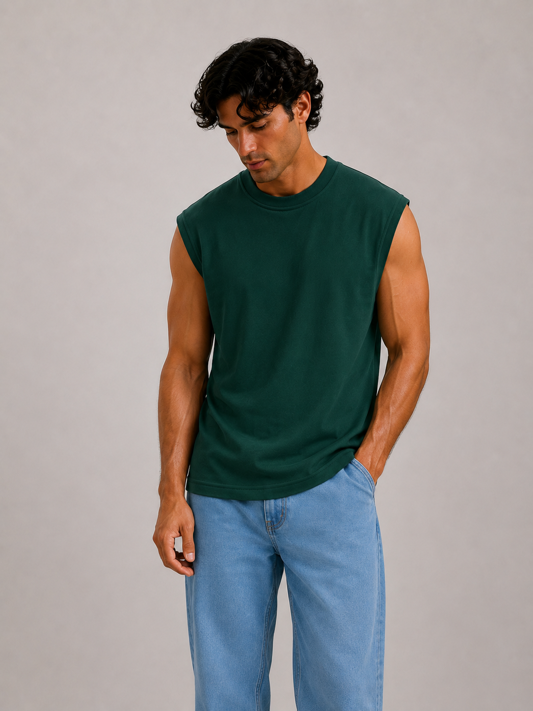 Sleeveless Cotton T-shirt - Olive Green